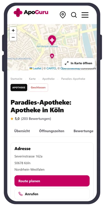 ApoGuru App: Apotheken-Details mit Öffnungszeiten und Route