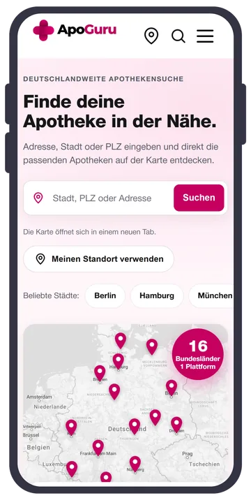 ApoGuru App Startseite: Apotheke in der Nähe finden